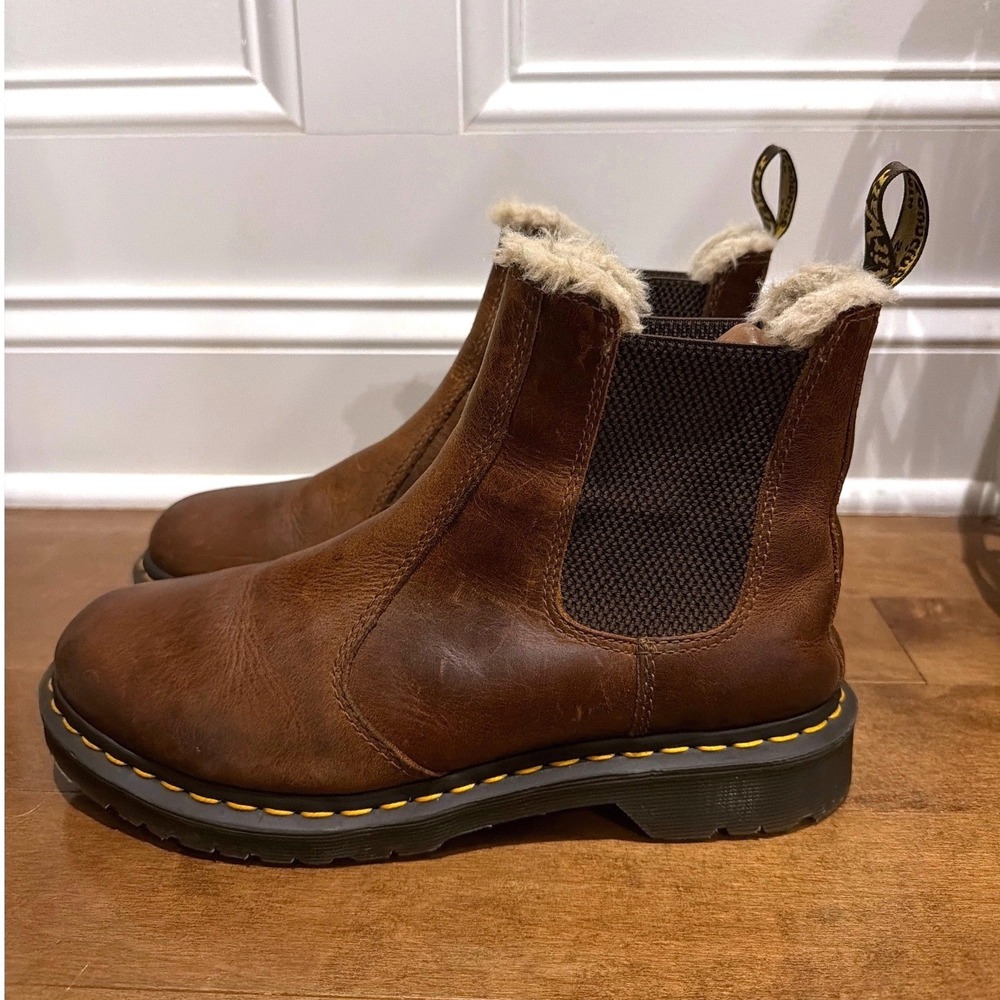 Dr. Martens 2976 Leonore Faux Fur Lined Chelsea Boots Brown Leather Women's 10